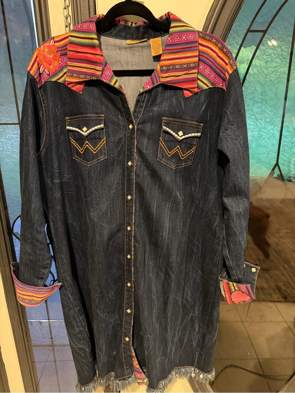 Wrangler Dark Blue Denim Dress with Multicolor Southwestern Stripe